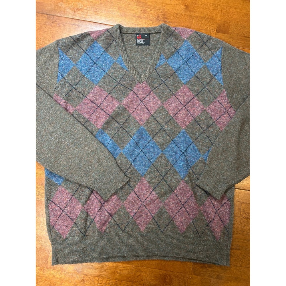 Robert Bruce Sweater Mens 2X Brown Argyle V-Neck Vintage Knit Made in USA